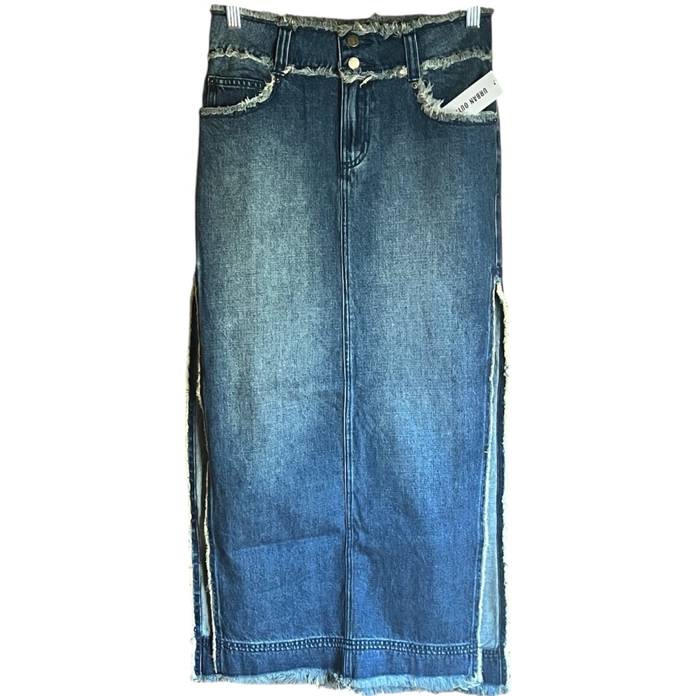 Urban Outfitters Long Denim Skirt w/Frayed Hem and Waist and Side Slits sz Small